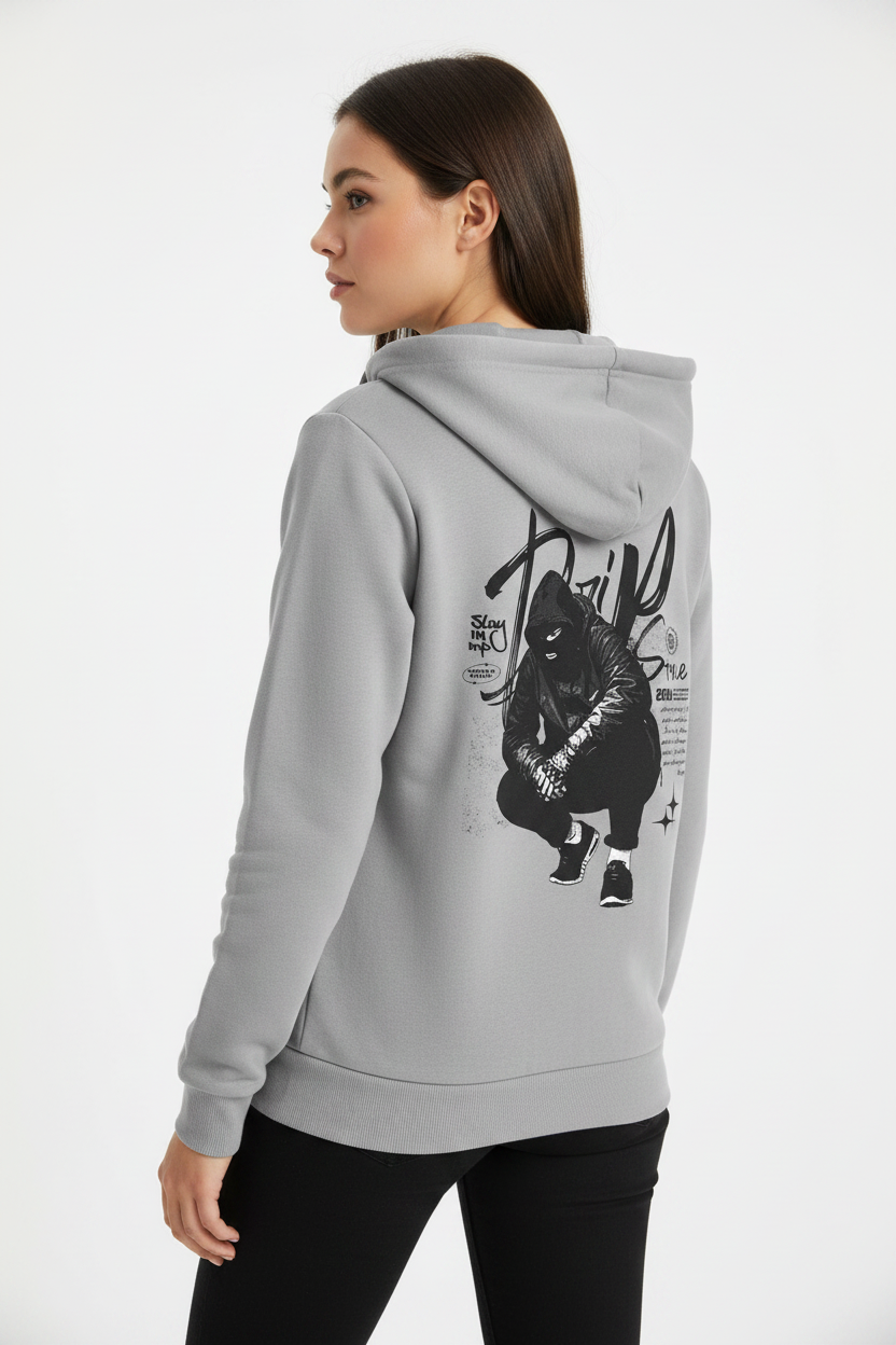Female model - Light Grey Melange Zip Hood