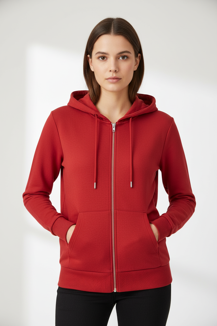 Female model - Lipstick Red Zip Hood Front