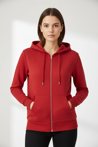 Female model - Lipstick Red Zip Hood Front