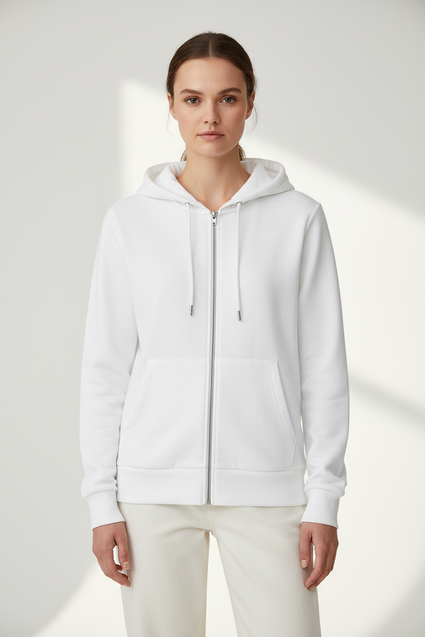 Female model - White Zip Hood Front