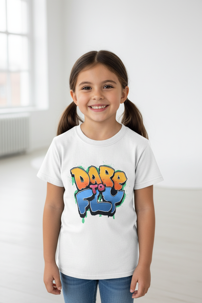 Girl wearing white Kids SoftStyle t-shirt