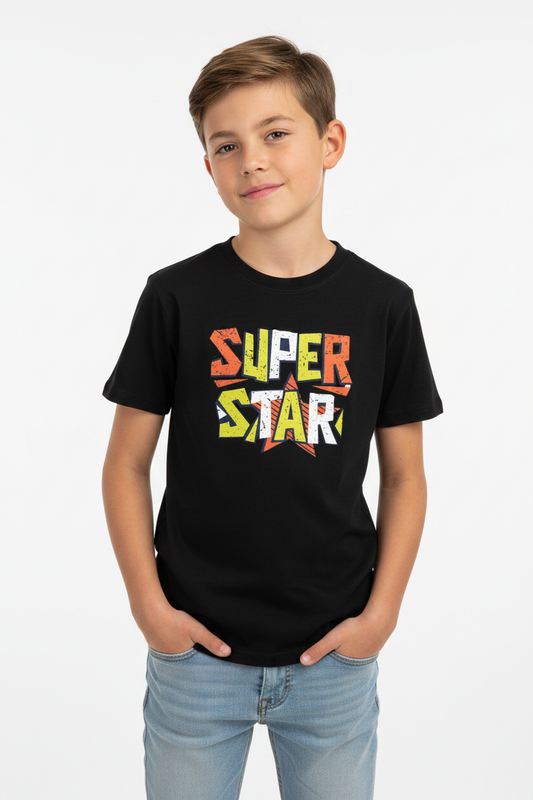 Preteen wearing black Kids Basic Tee Super star