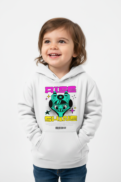 Child wearing arctic white Kids Hoodie AWDis
