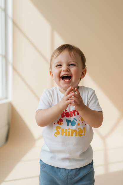 Toddler wearing white Baby Creator Born to shine T-shirt