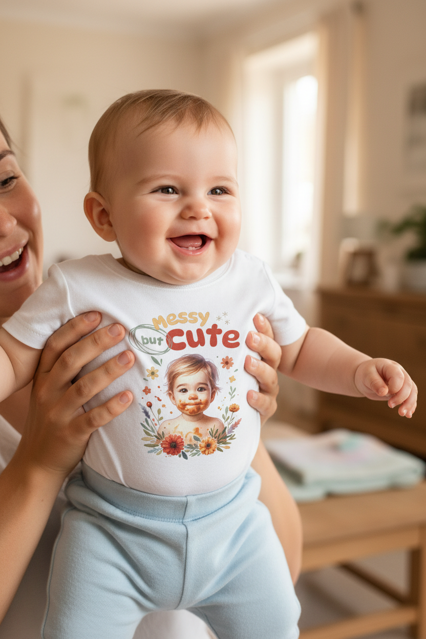 Baby wearing white Baby Creator rise T-shirt