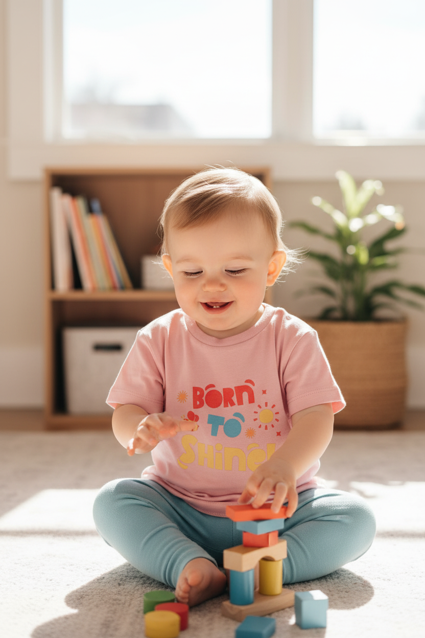 Toddler wearing cotton pink Baby Creator Born to shine T-shirt
