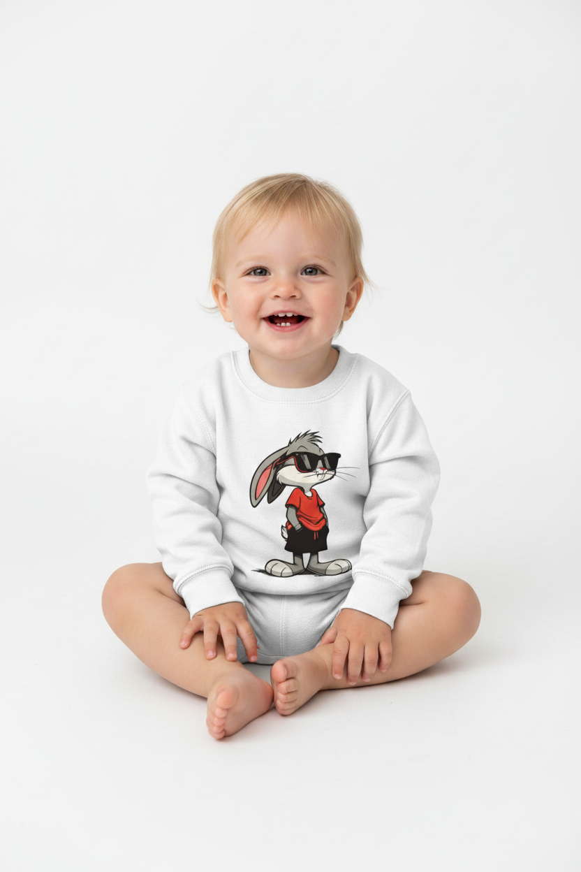 Toddler wearing arctic white AWDis Kids Sweatshirt Rabit