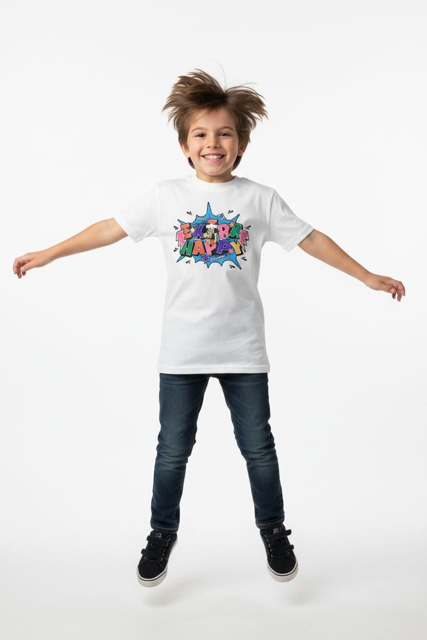 Child wearing white Kids Basic Tee Extra happy