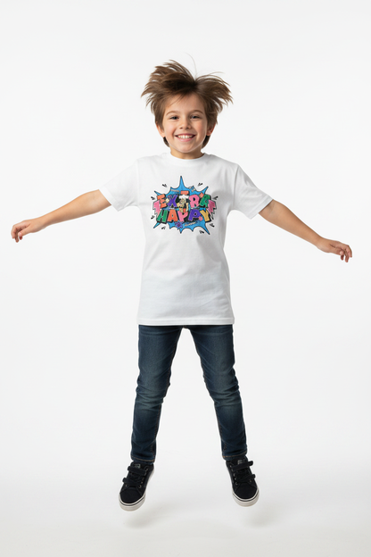 Child wearing white Kids Basic Tee Extra happy