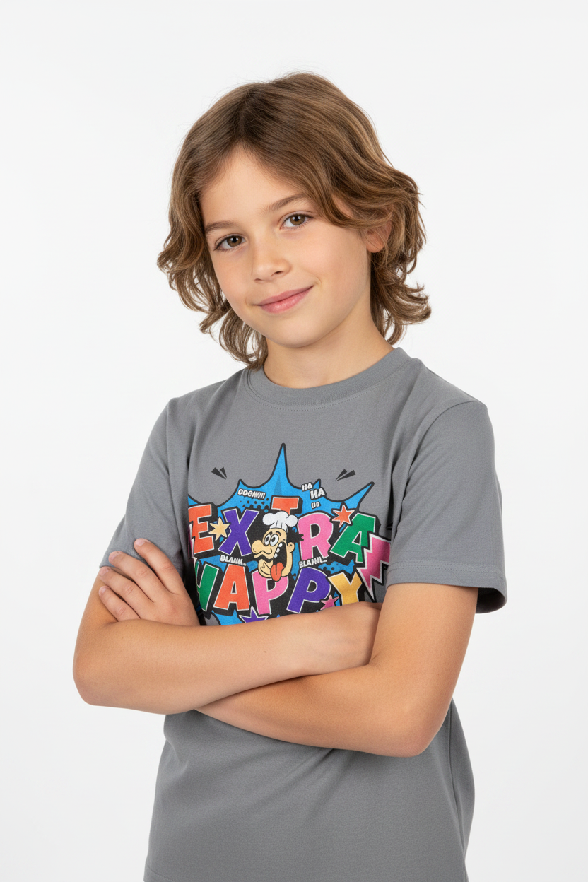 Teen wearing heather grey Kids Basic Tee Extra happy