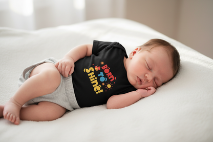 Newborn wearing black Baby Creator Born to shine T-shirt