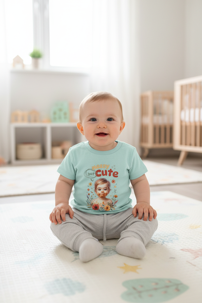 Baby wearing caribbean blue Baby Creator rise T-shirt