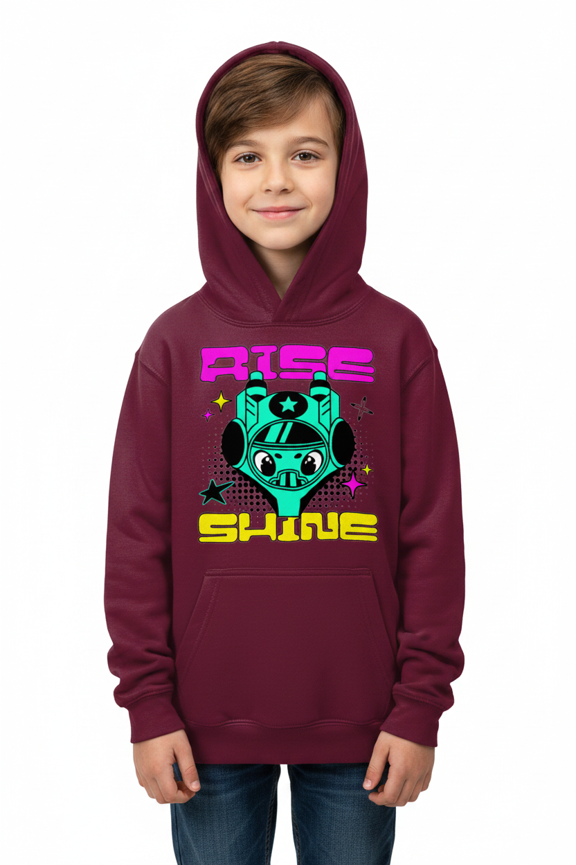Child wearing burgundy Kids Hoodie AWDis