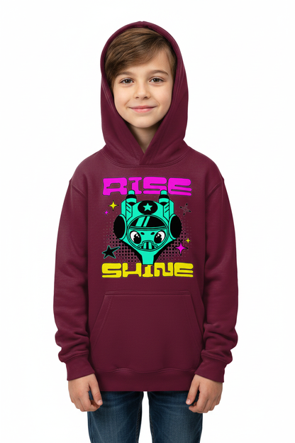 Child wearing burgundy Kids Hoodie AWDis