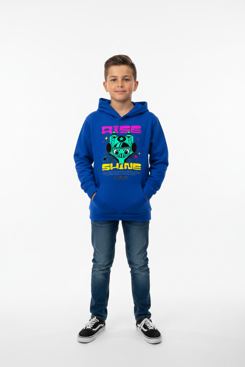Preteen wearing royal blue Kids Hoodie AWDis