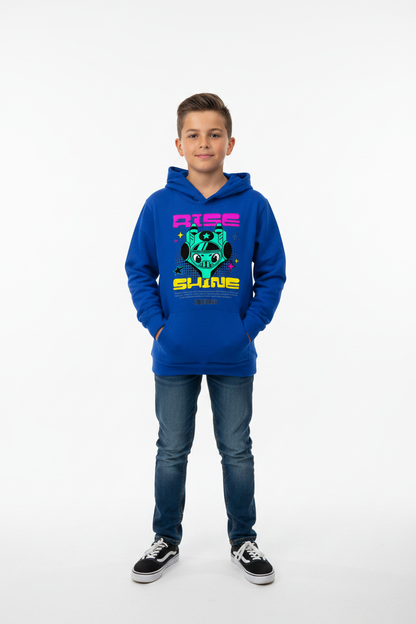 Preteen wearing royal blue Kids Hoodie AWDis