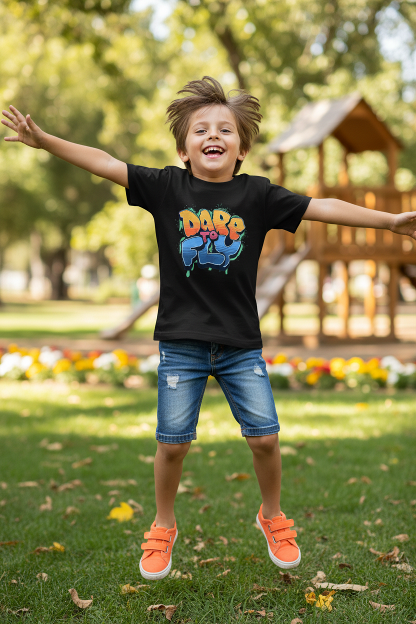 Boy wearing black Kids SoftStyle t-shirt