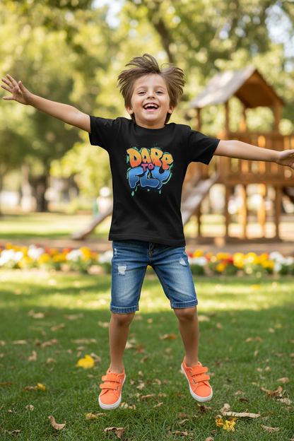 Boy wearing black Kids SoftStyle t-shirt