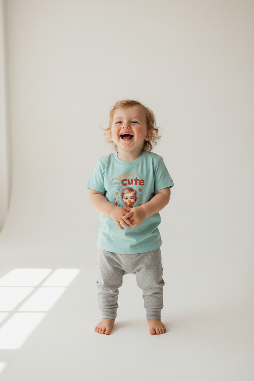 Toddler wearing caribbean blue Baby Creator rise T-shirt