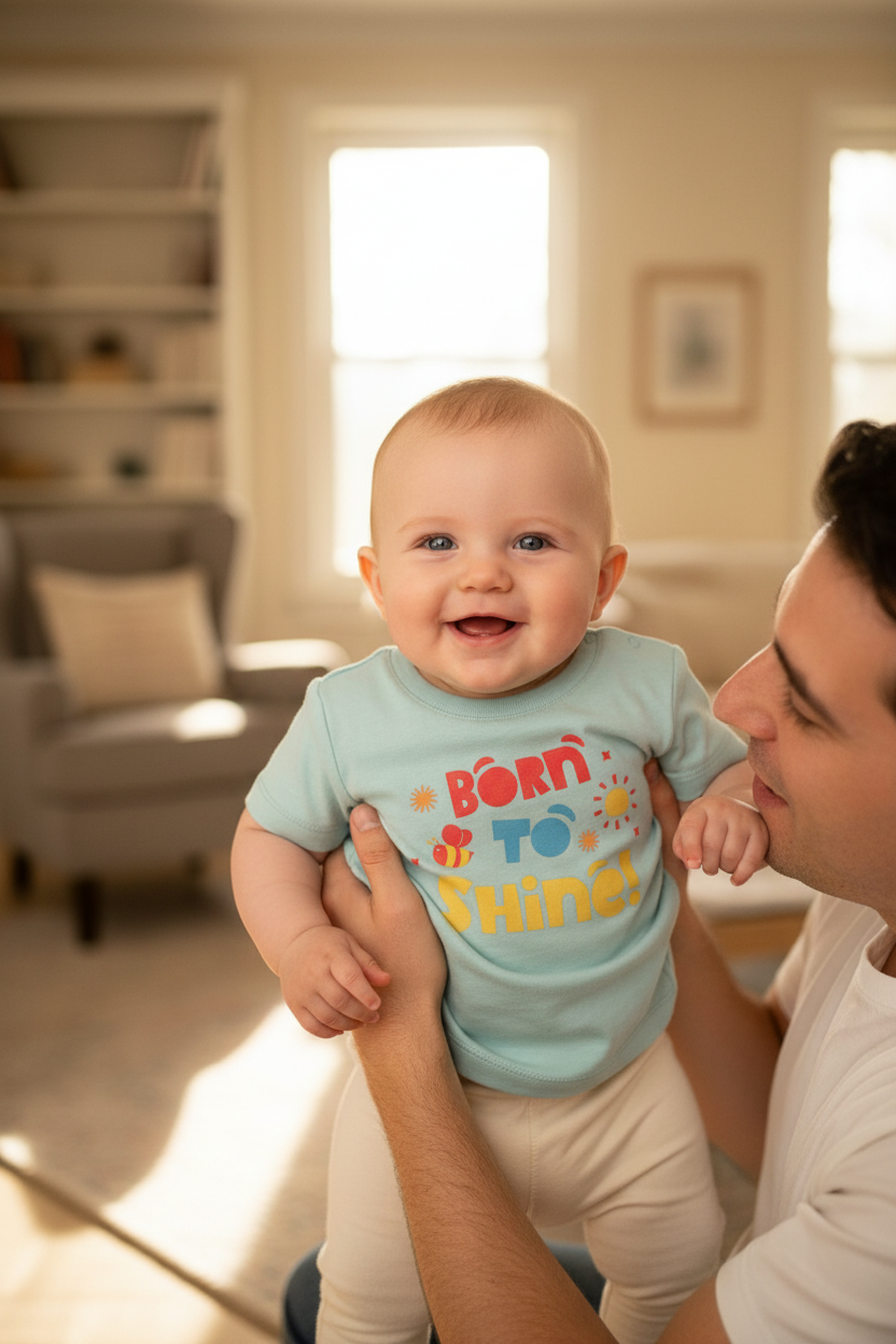 Baby wearing caribbean blue Baby Creator Born to shine T-shirt