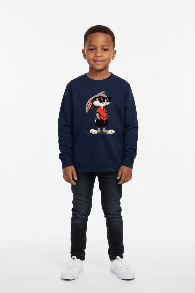 Child wearing oxford navy AWDis Kids Sweatshirt Rabit
