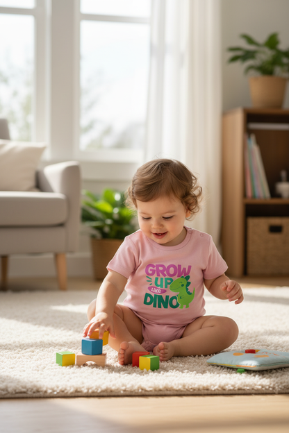 Toddler wearing cotton pink Baby Creator DINO bodysuit