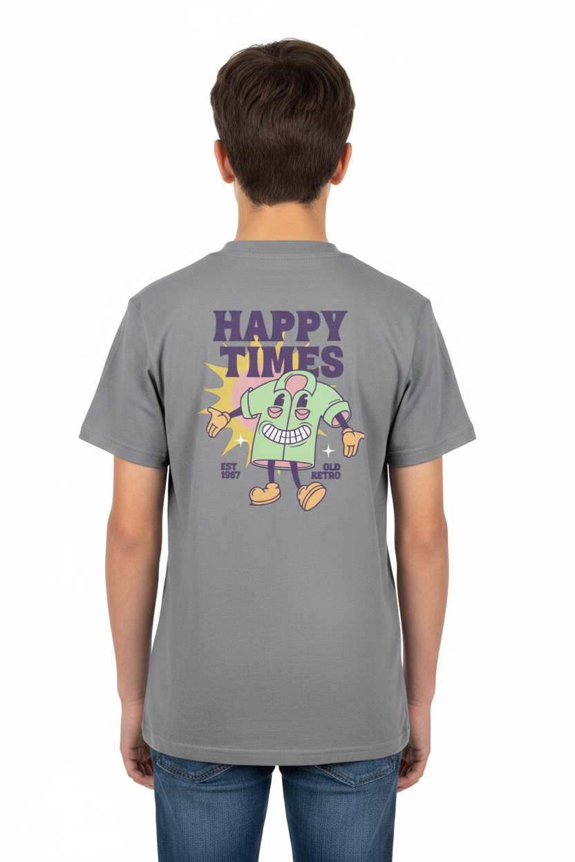 Teen wearing heather grey Kids Basic Tee rise back view