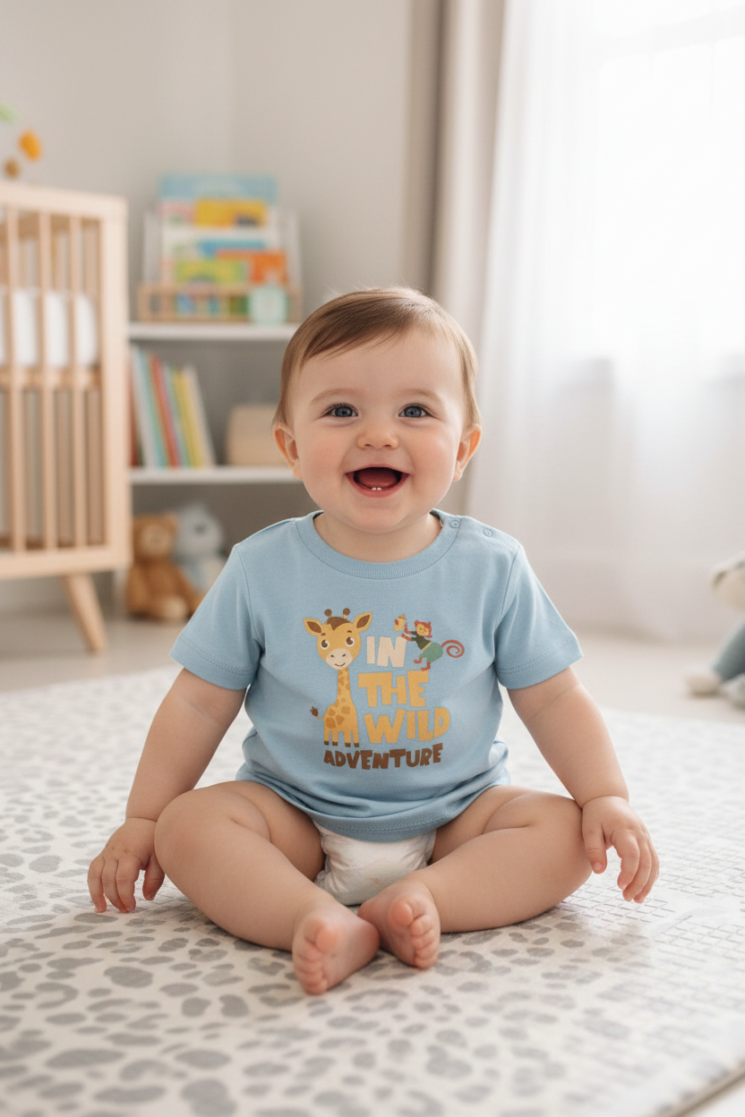 Baby wearing blue Soul Baby Creator Giraffe T-shirt