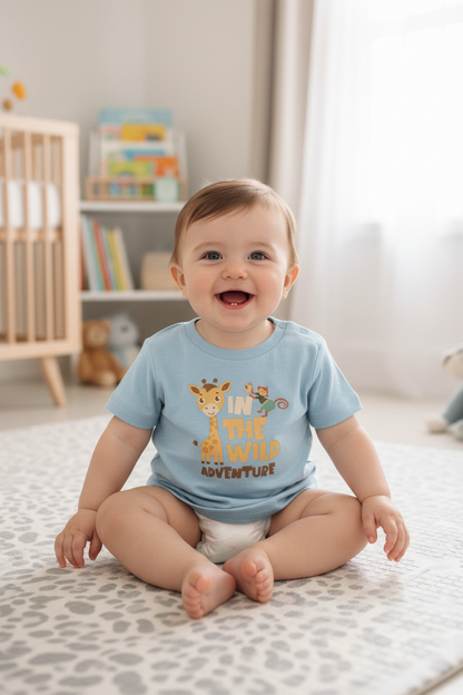Baby wearing blue Soul Baby Creator Giraffe T-shirt