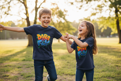 Kids wearing navy Kids SoftStyle t-shirts