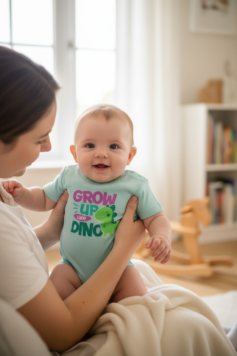 Baby wearing caribbean blue Baby Creator DINO bodysuit