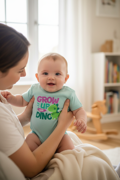 Baby wearing caribbean blue Baby Creator DINO bodysuit