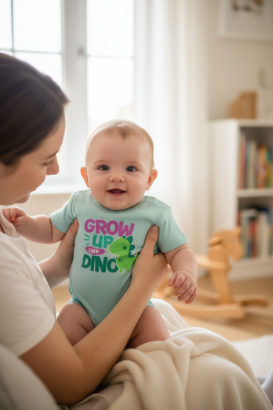Baby wearing caribbean blue Baby Creator DINO bodysuit