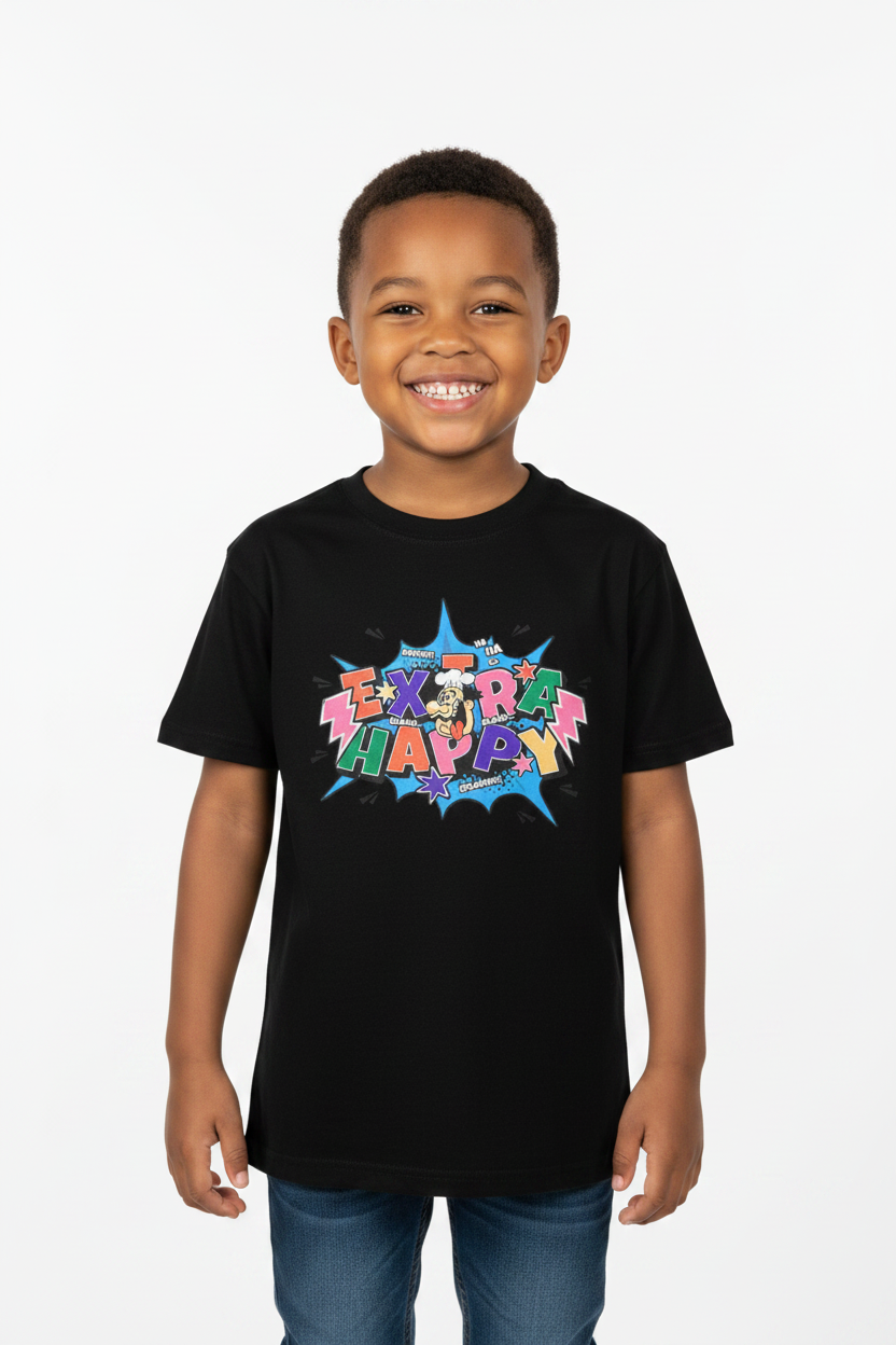 Child wearing black Kids Basic Tee Extra happy