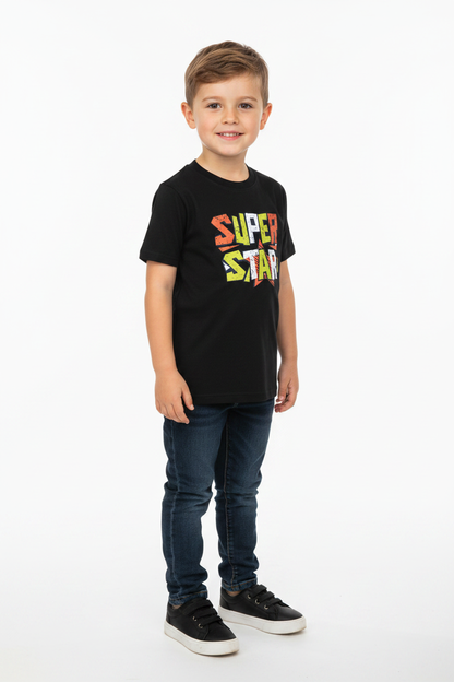 Child wearing black Kids Basic Tee Super star