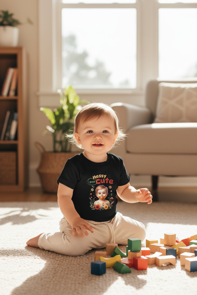 Toddler wearing black Baby Creator rise T-shirt