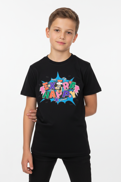 Preteen wearing black Kids Basic Tee Extra happy