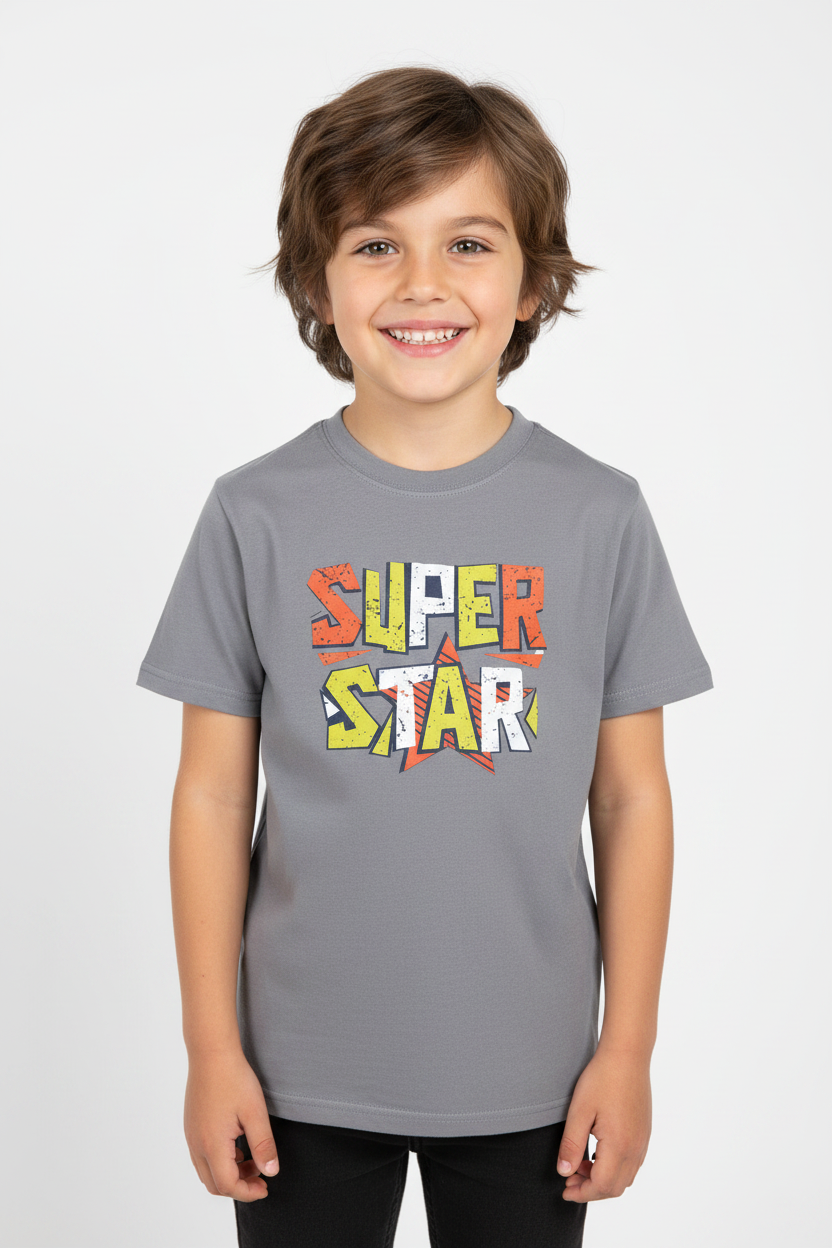 Child wearing heather grey Kids Basic Tee Super star