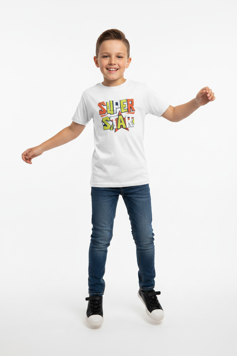 Child wearing white Kids Basic Tee Super star