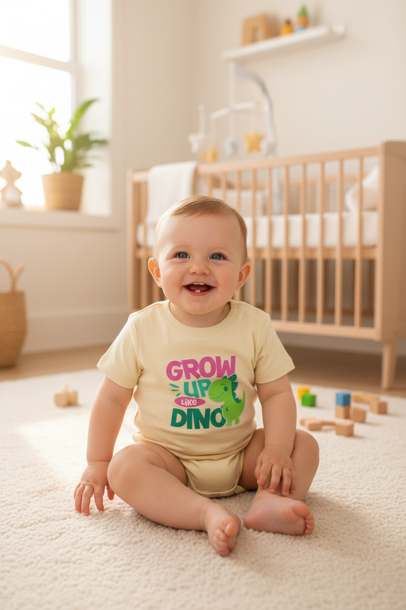 Baby wearing butter Baby Creator DINO bodysuit