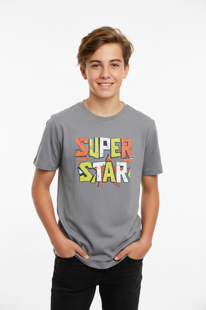 Teen wearing heather grey Kids Basic Tee Super star