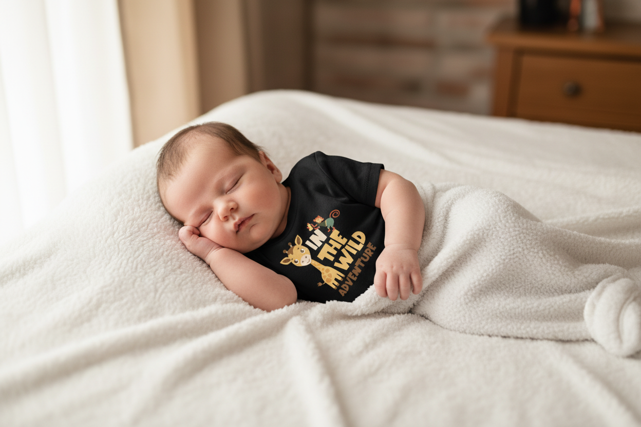 Newborn wearing black Baby Creator Giraffe T-shirt