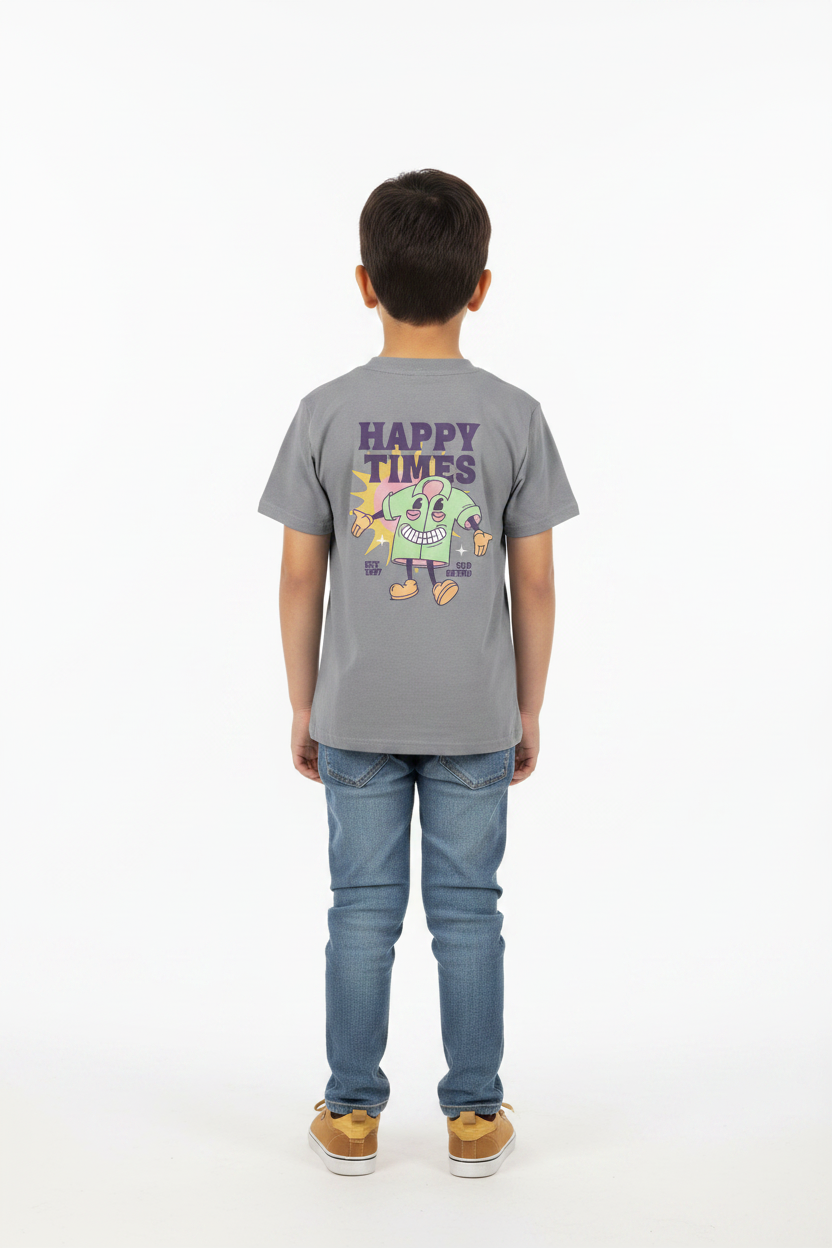Child wearing heather grey Kids Basic Tee rise back view