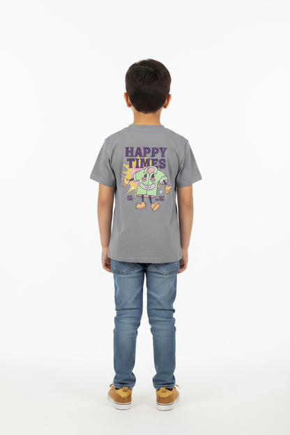 Child wearing heather grey Kids Basic Tee rise back view