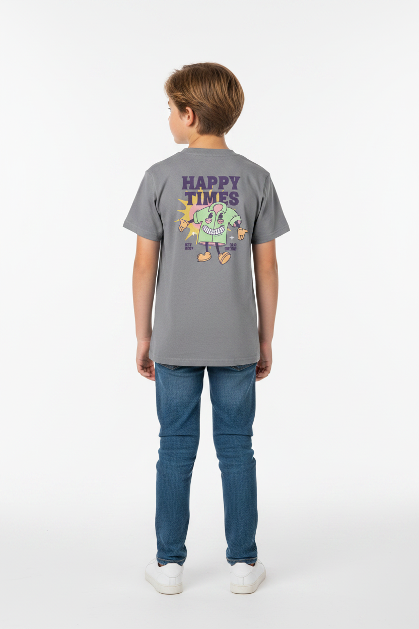 Child wearing heather grey Kids Basic Tee rise back view