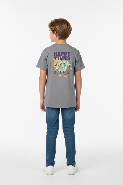 Child wearing heather grey Kids Basic Tee rise back view