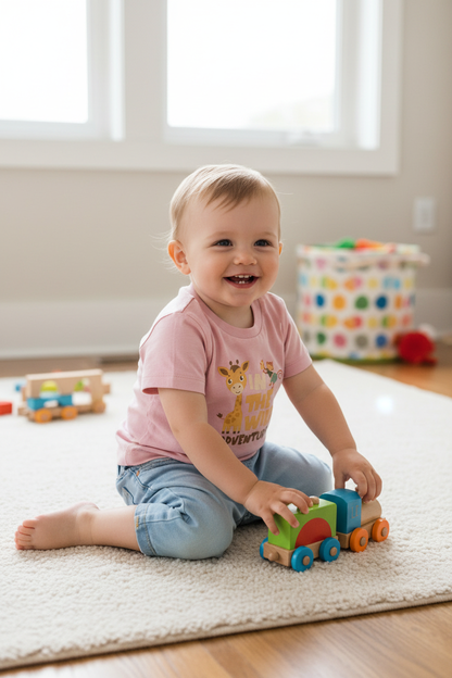 Toddler wearing cotton pink Baby Creator Giraffe T-shirt