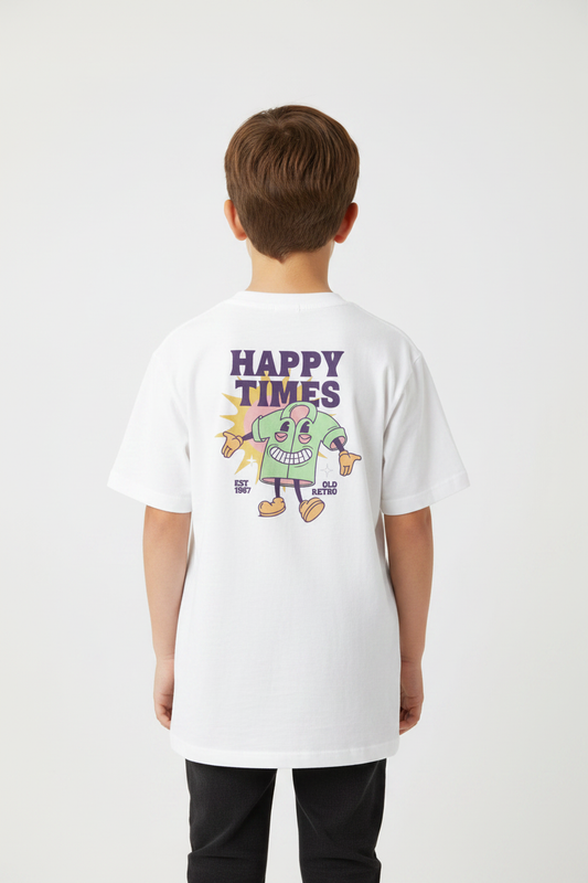 Child wearing white Kids Basic Tee rise back view