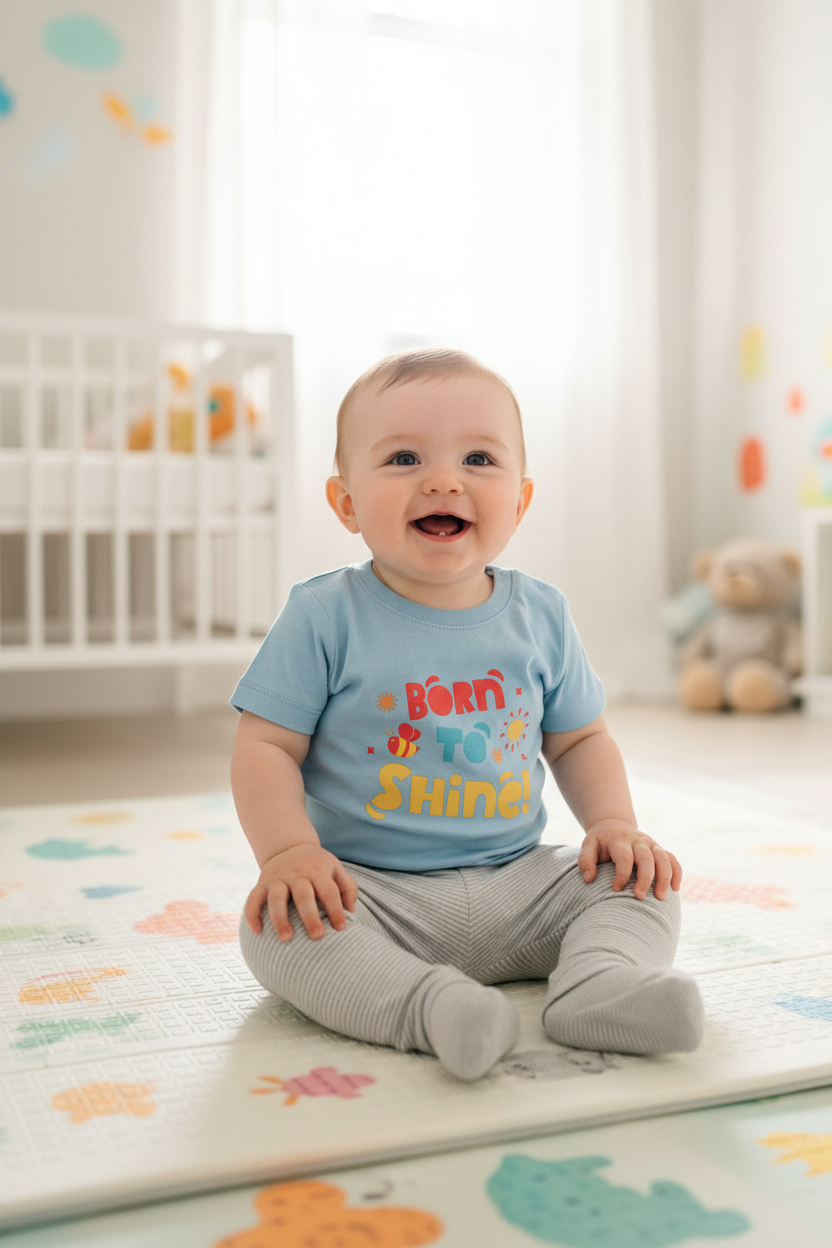 Baby wearing blue soul Baby Creator Born to shine T-shirt