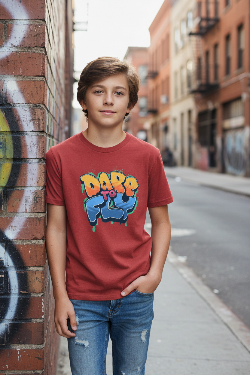 Boy wearing red Kids SoftStyle t-shirt